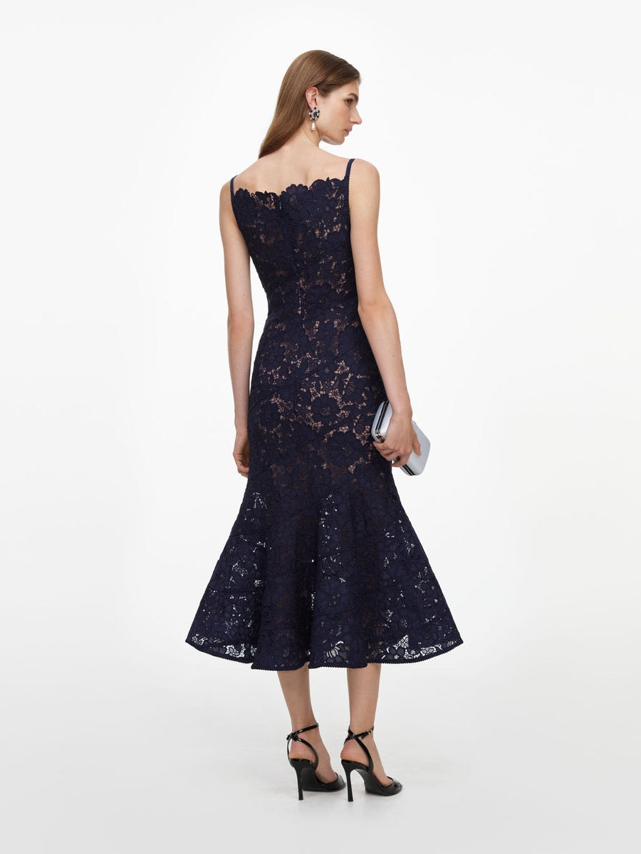 Navy spiral lace midi dress