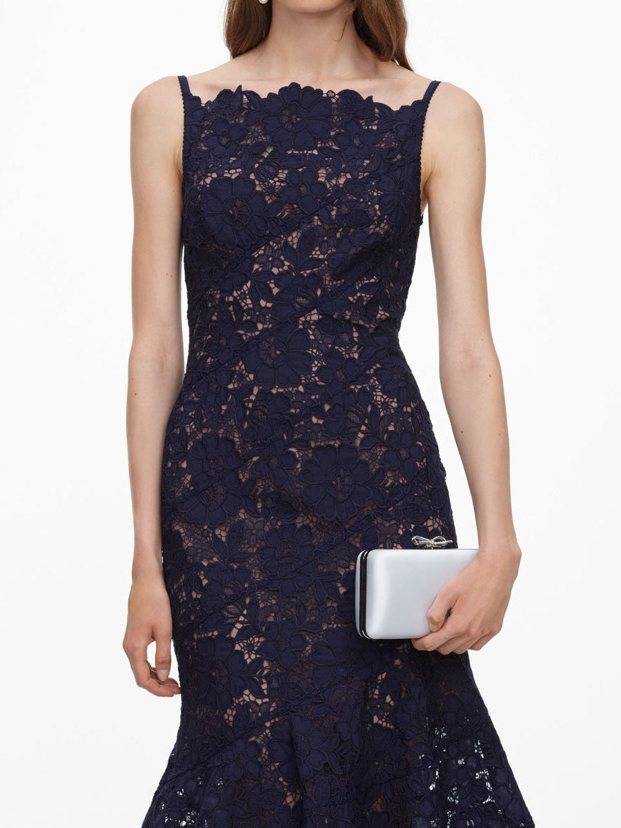 Navy spiral lace midi dress