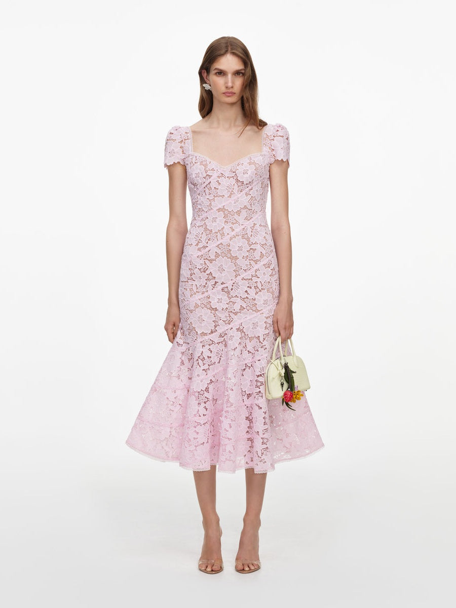 Pink spiral lace midi dress