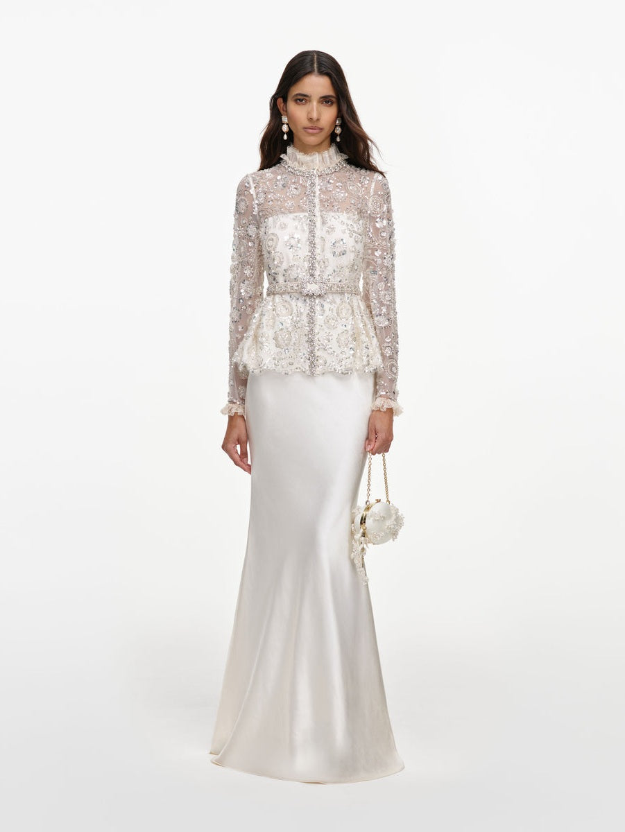 Cream sequin embellished satin maxi dress