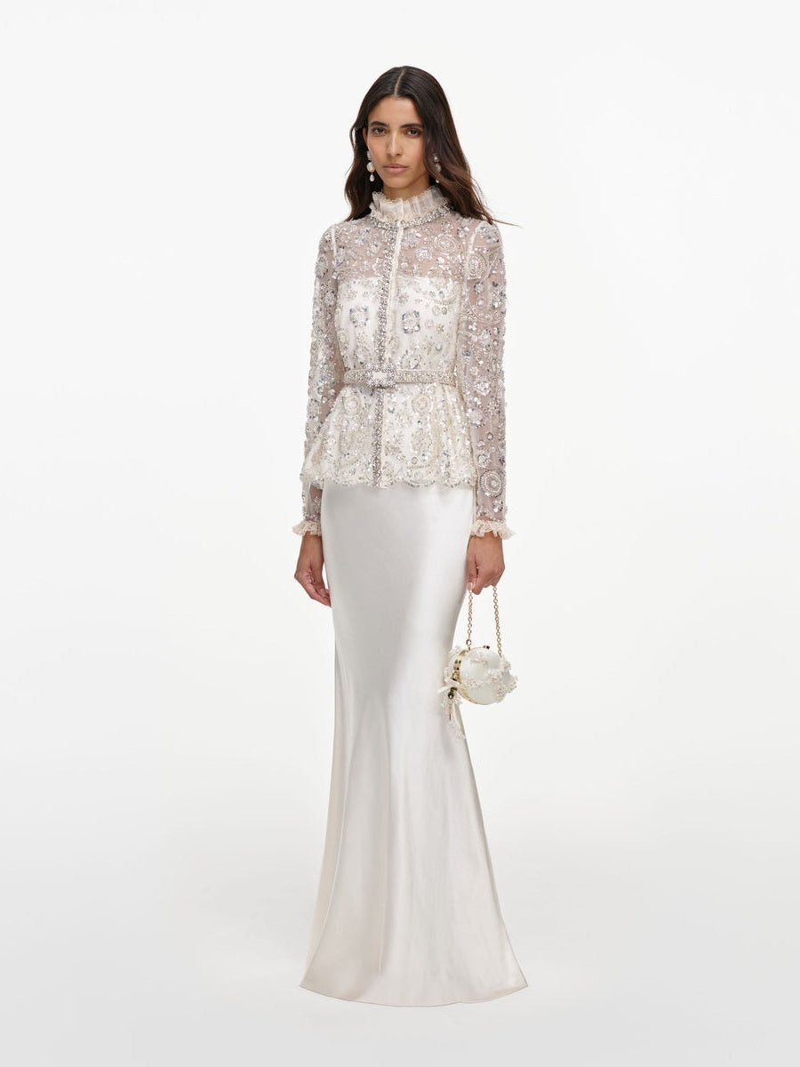 Cream sequin embellished satin maxi dress