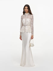 Cream sequin embellished satin maxi dress