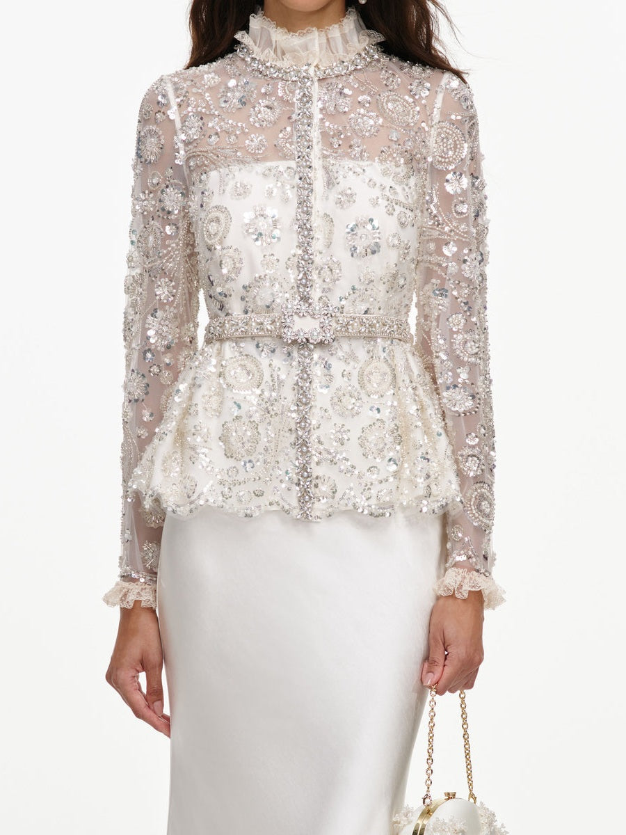 Cream sequin embellished satin maxi dress