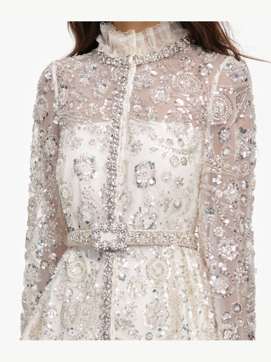 Cream sequin embellished satin maxi dress