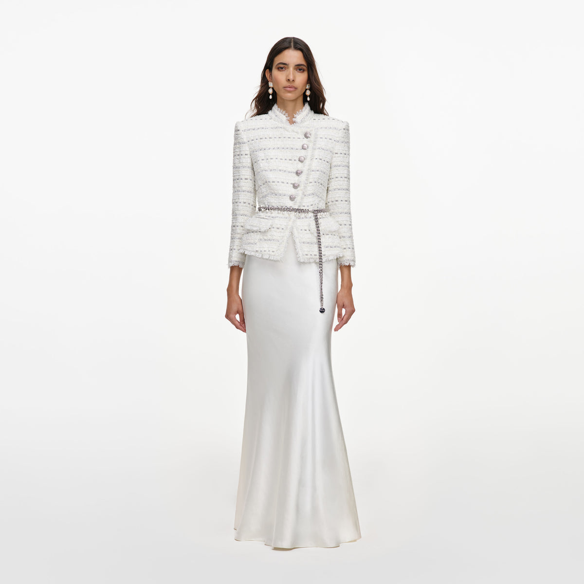 White boucle satin maxi dress