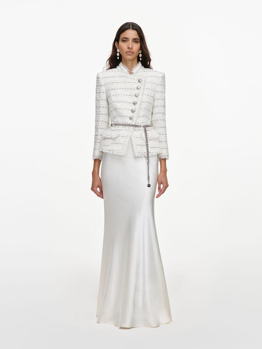 White boucle satin maxi dress