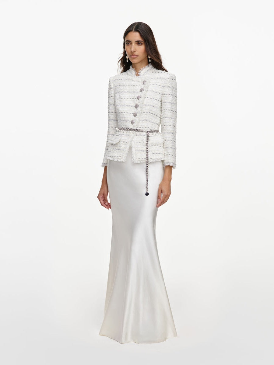 White boucle satin maxi dress