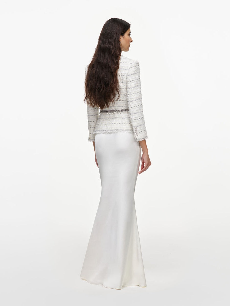 White boucle satin maxi dress