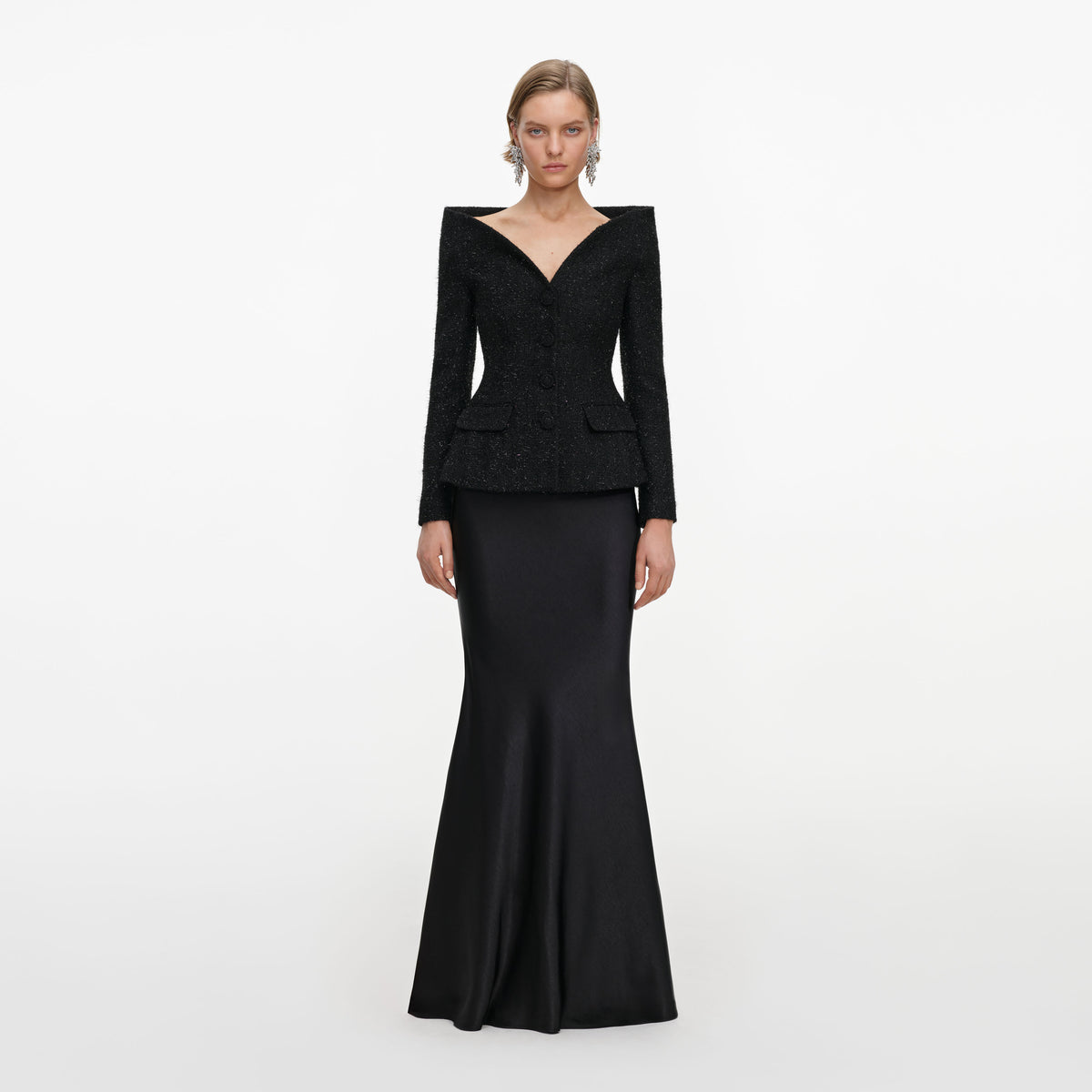 Black metallic boucle satin maxi dress