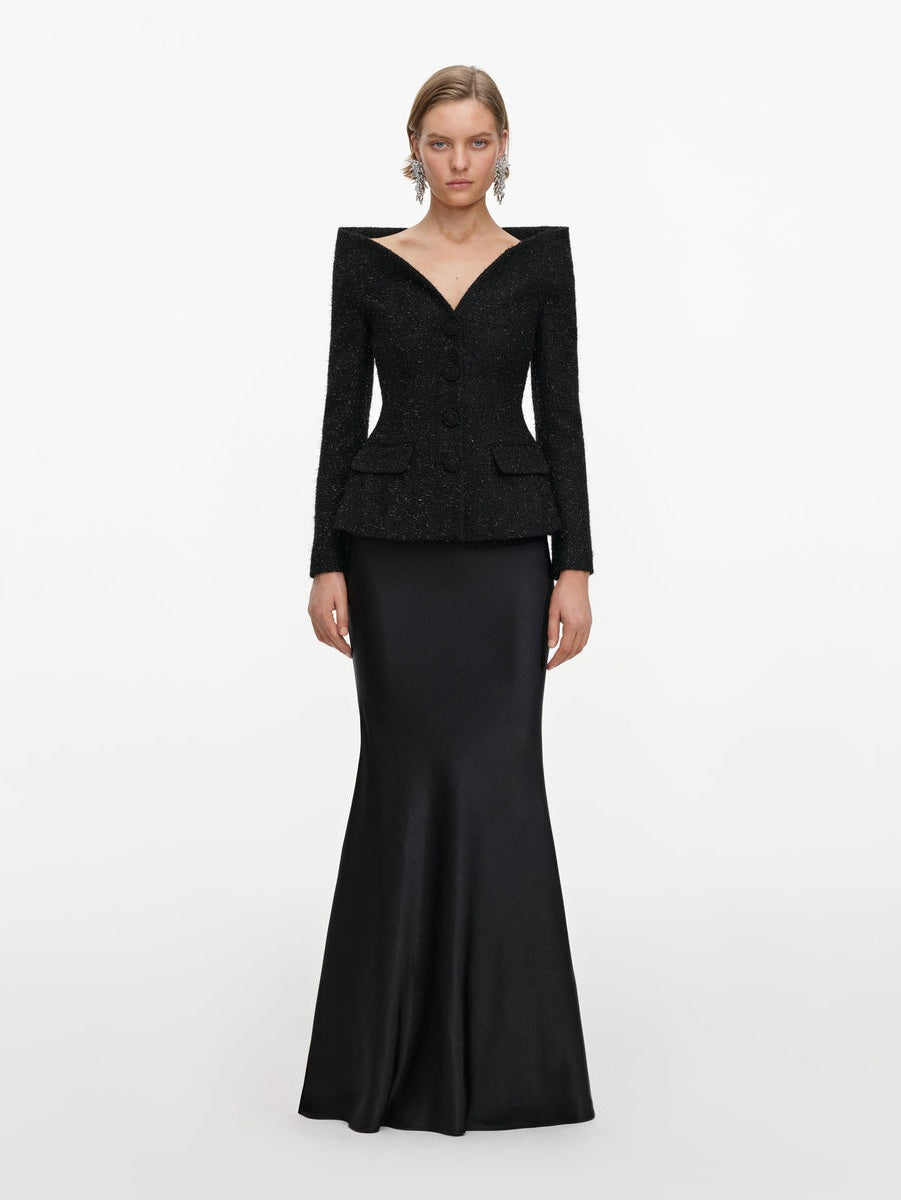 Black metallic boucle satin maxi dress