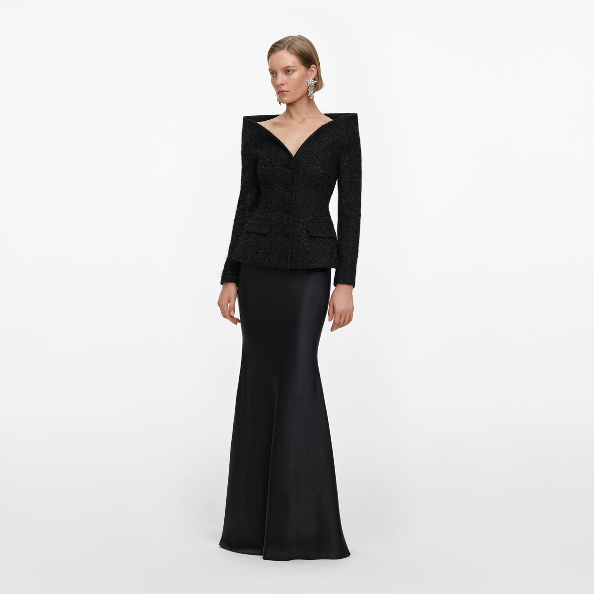 Black metallic boucle satin maxi dress