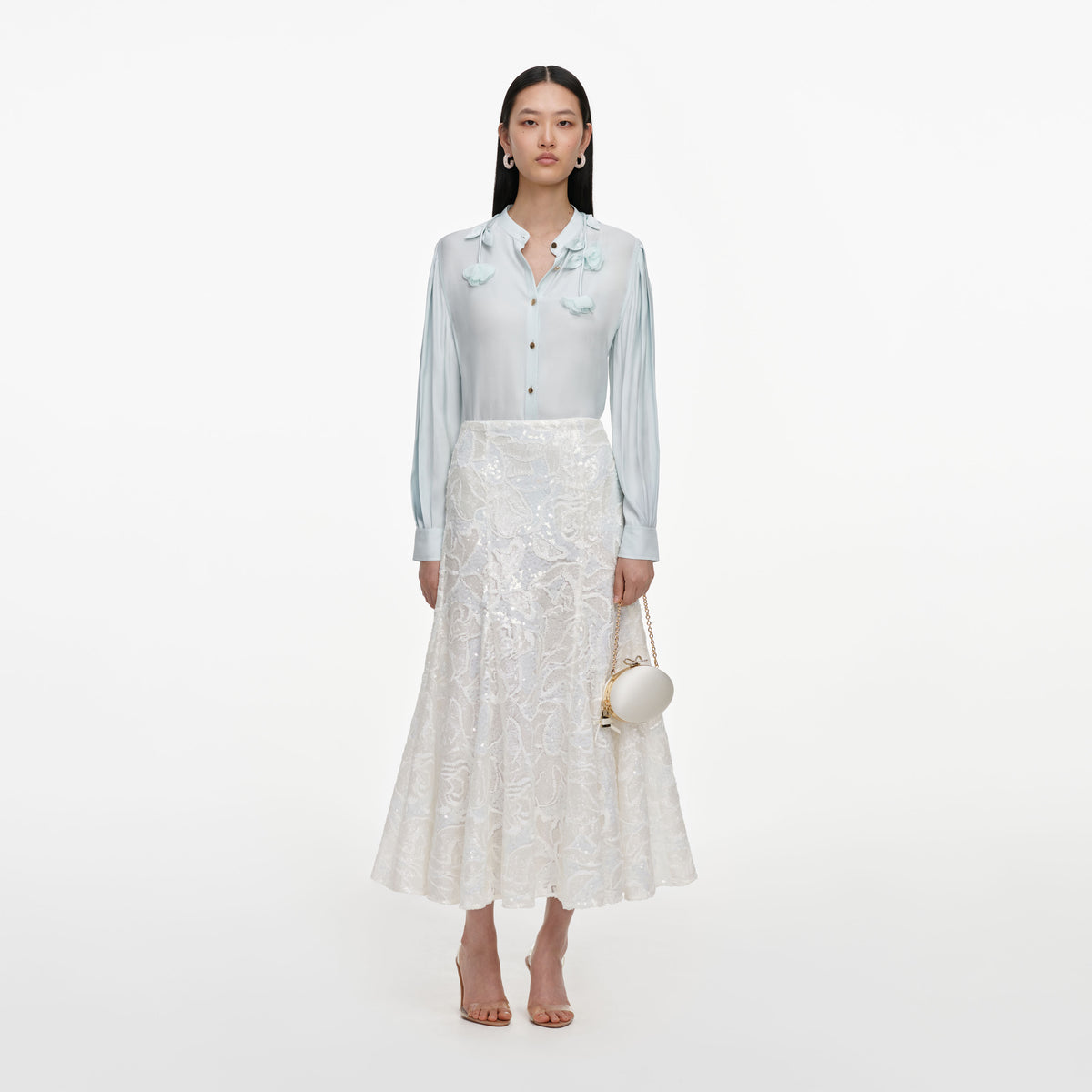 White sequin lace midi skirt