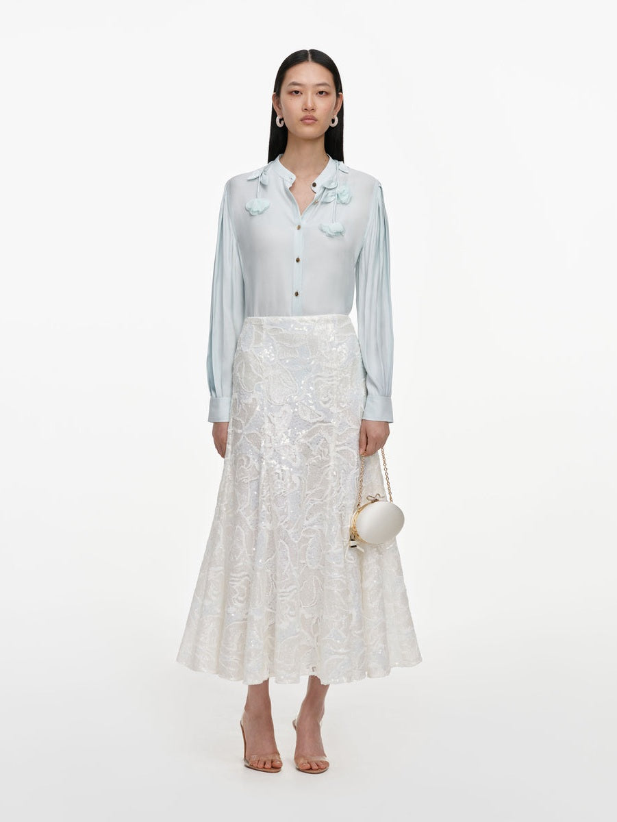 White sequin lace midi skirt