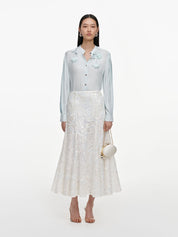 White sequin lace midi skirt