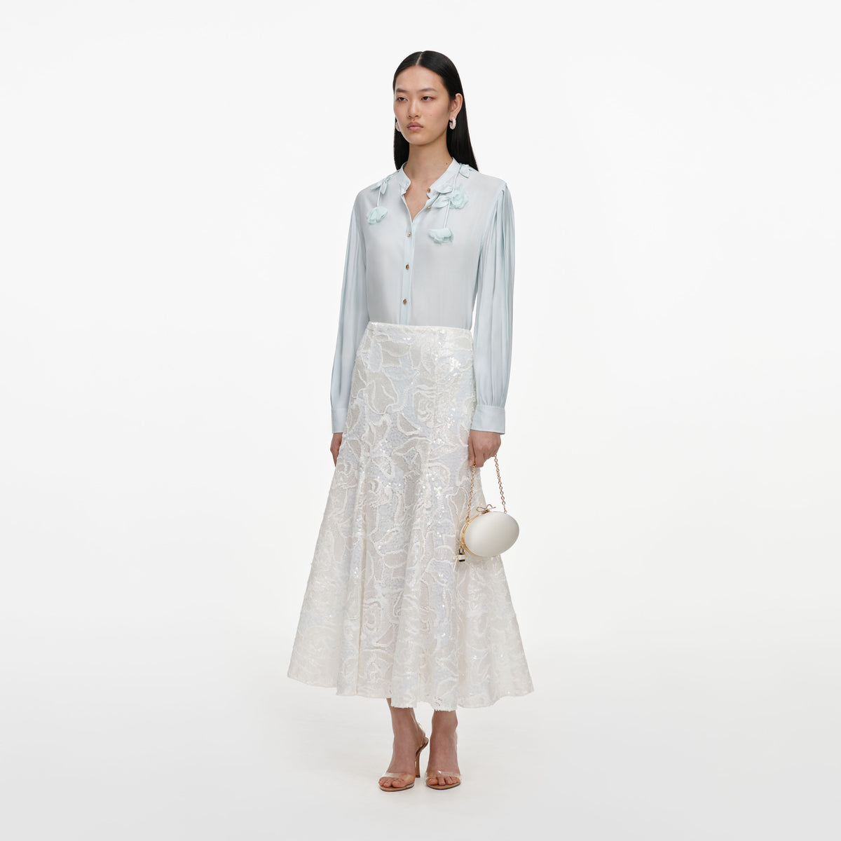 White sequin lace midi skirt