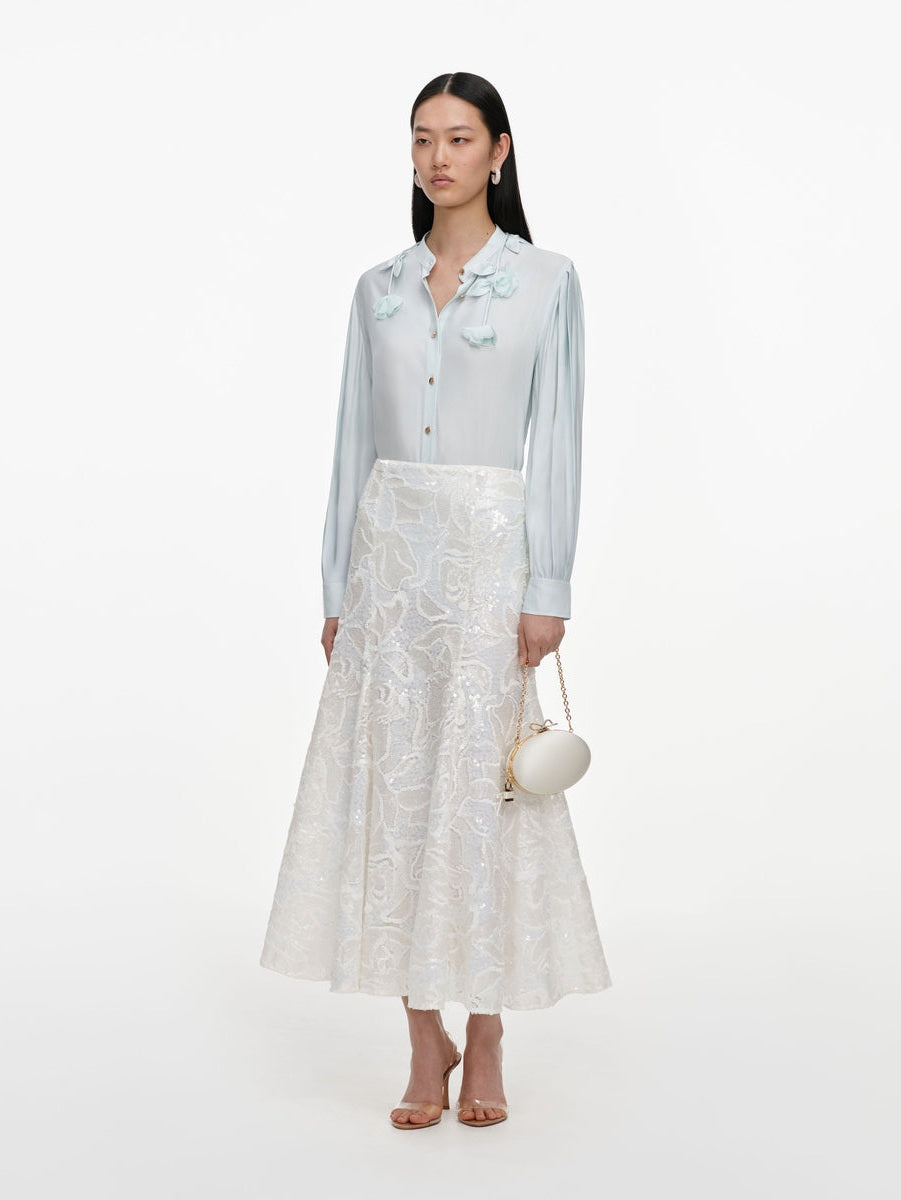 White sequin lace midi skirt