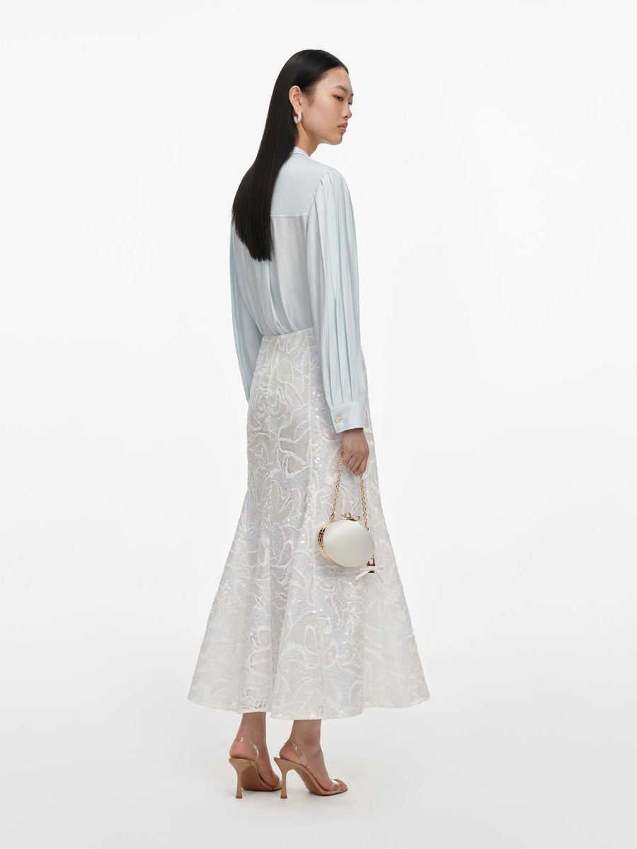 White sequin lace midi skirt