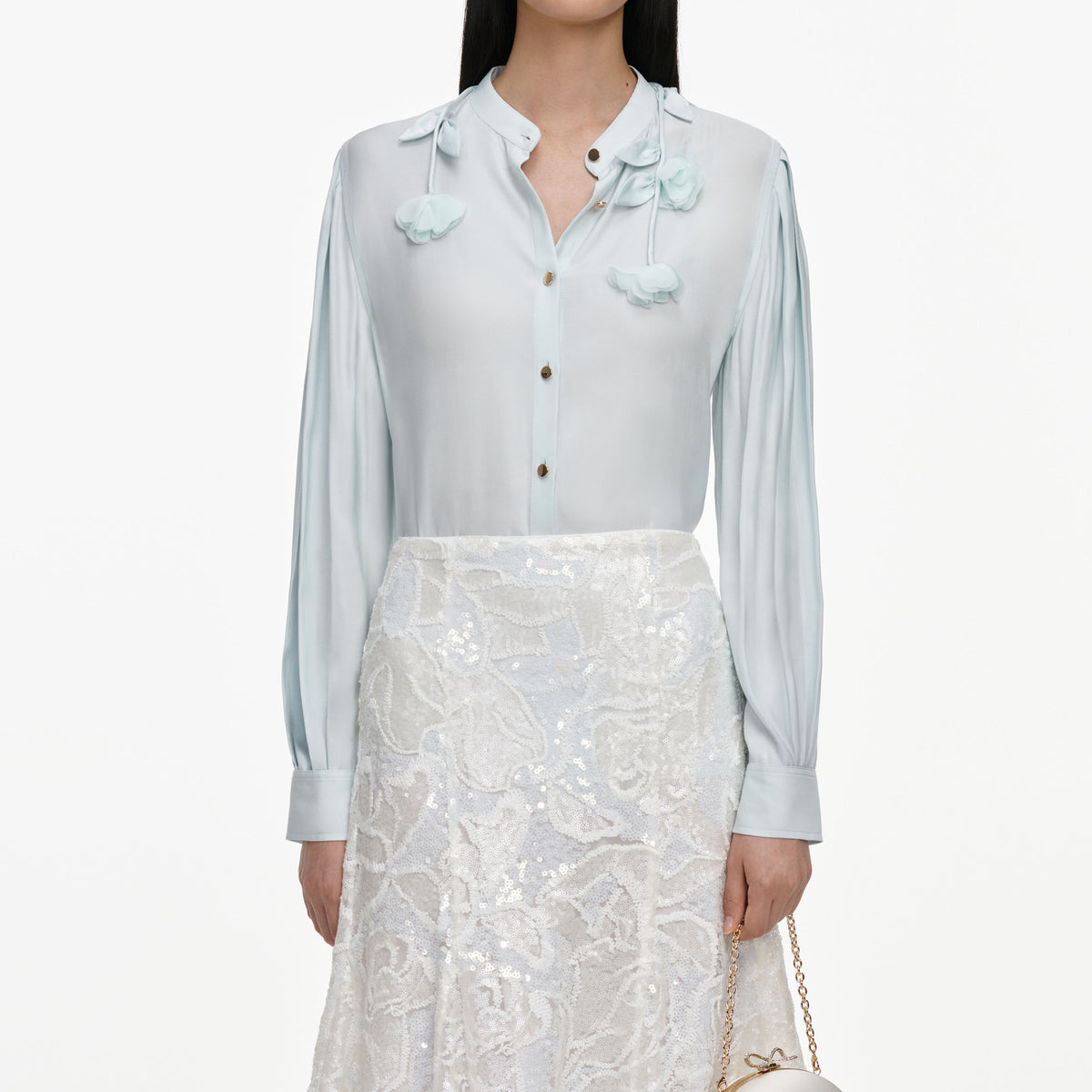White sequin lace midi skirt