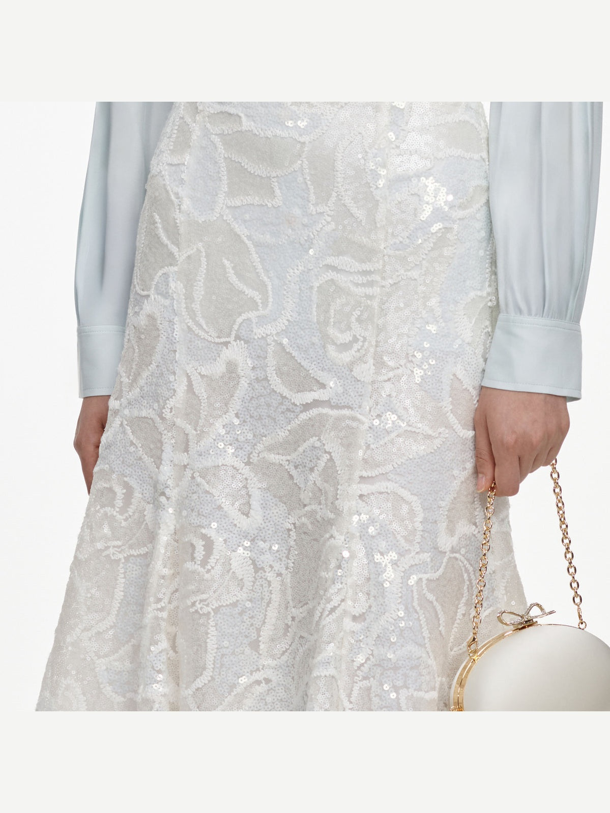 White sequin lace midi skirt