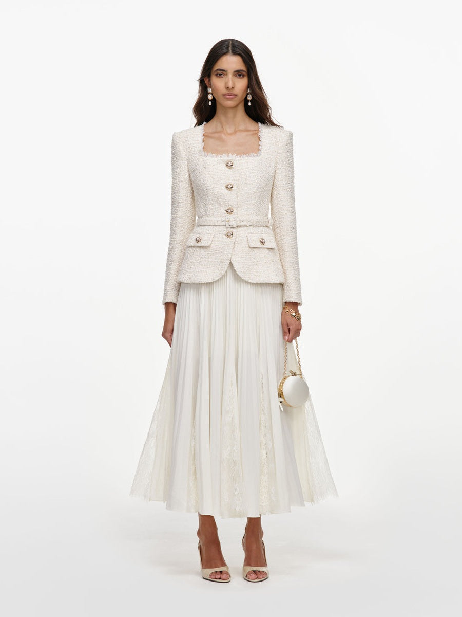Cream tailored boucle and chiffon midi dress