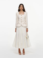 Cream tailored boucle and chiffon midi dress