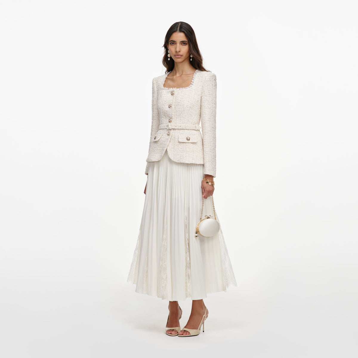 Cream tailored boucle and chiffon midi dress