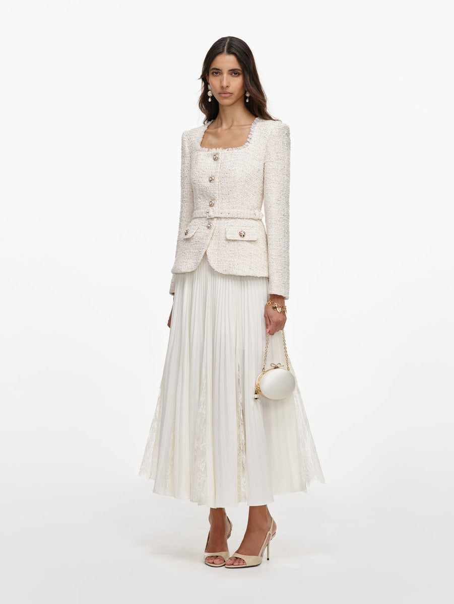 Cream tailored boucle and chiffon midi dress