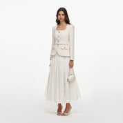 Cream tailored boucle and chiffon midi dress