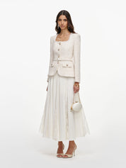 Cream tailored boucle and chiffon midi dress