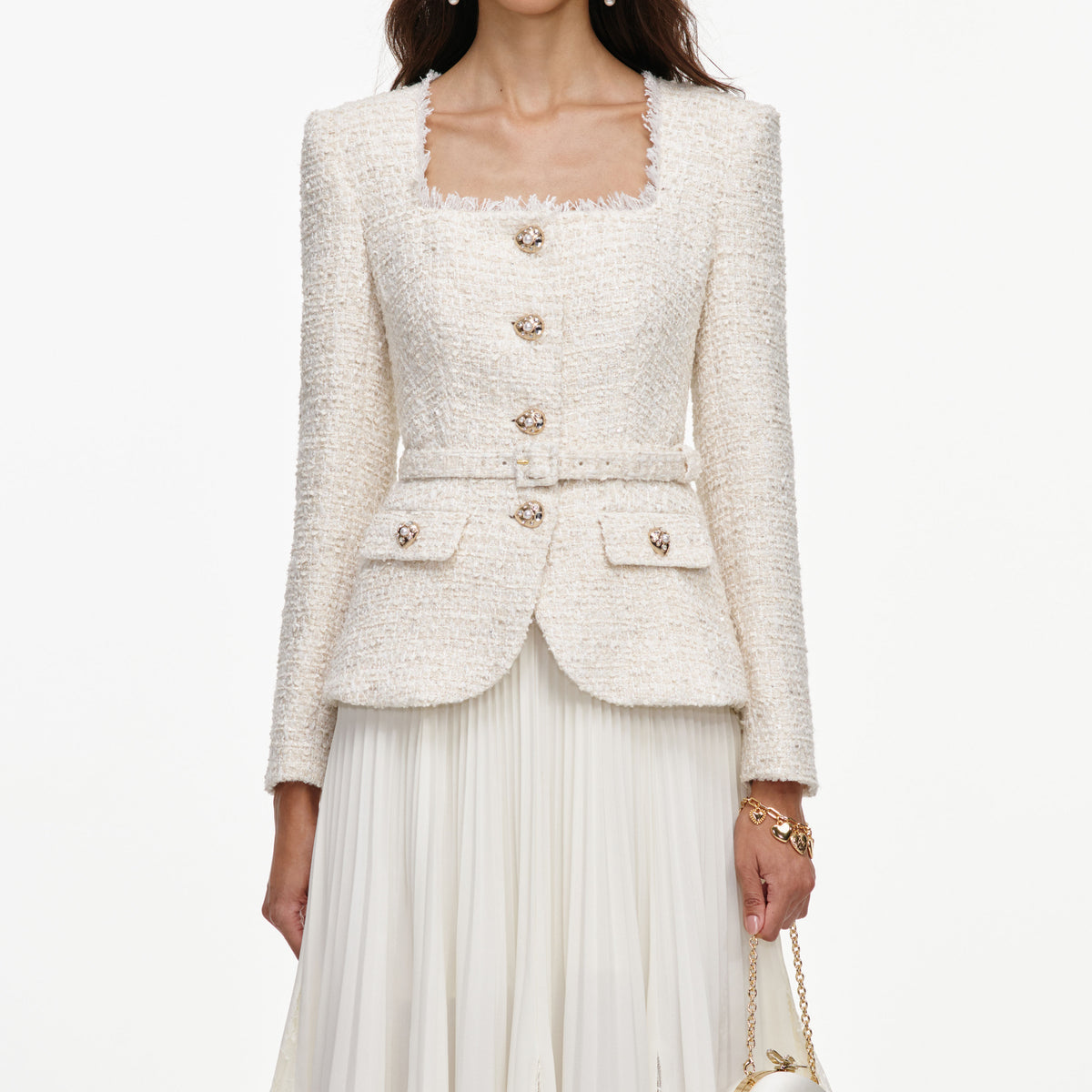 Cream tailored boucle and chiffon midi dress