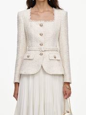 Cream tailored boucle and chiffon midi dress