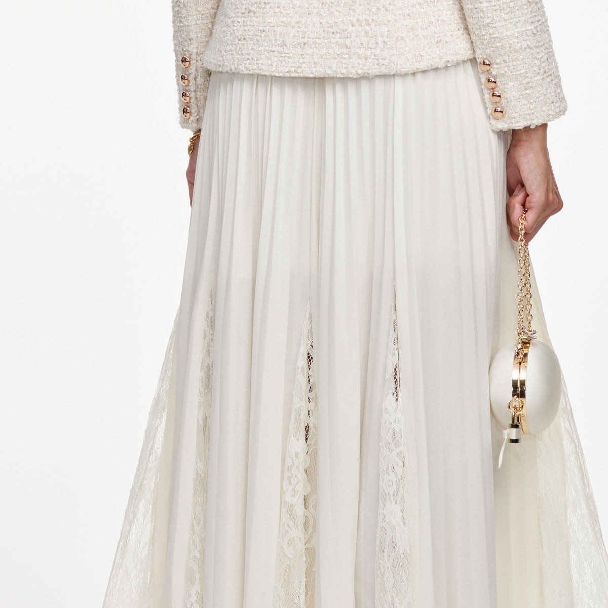 Cream tailored boucle and chiffon midi dress