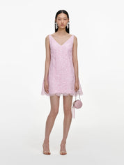 Pink sequin lace cape mini dress