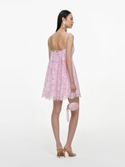 Pink sequin lace cape mini dress