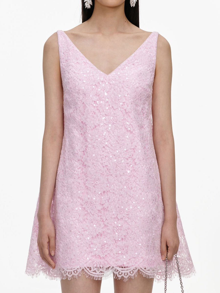 Pink sequin lace cape mini dress
