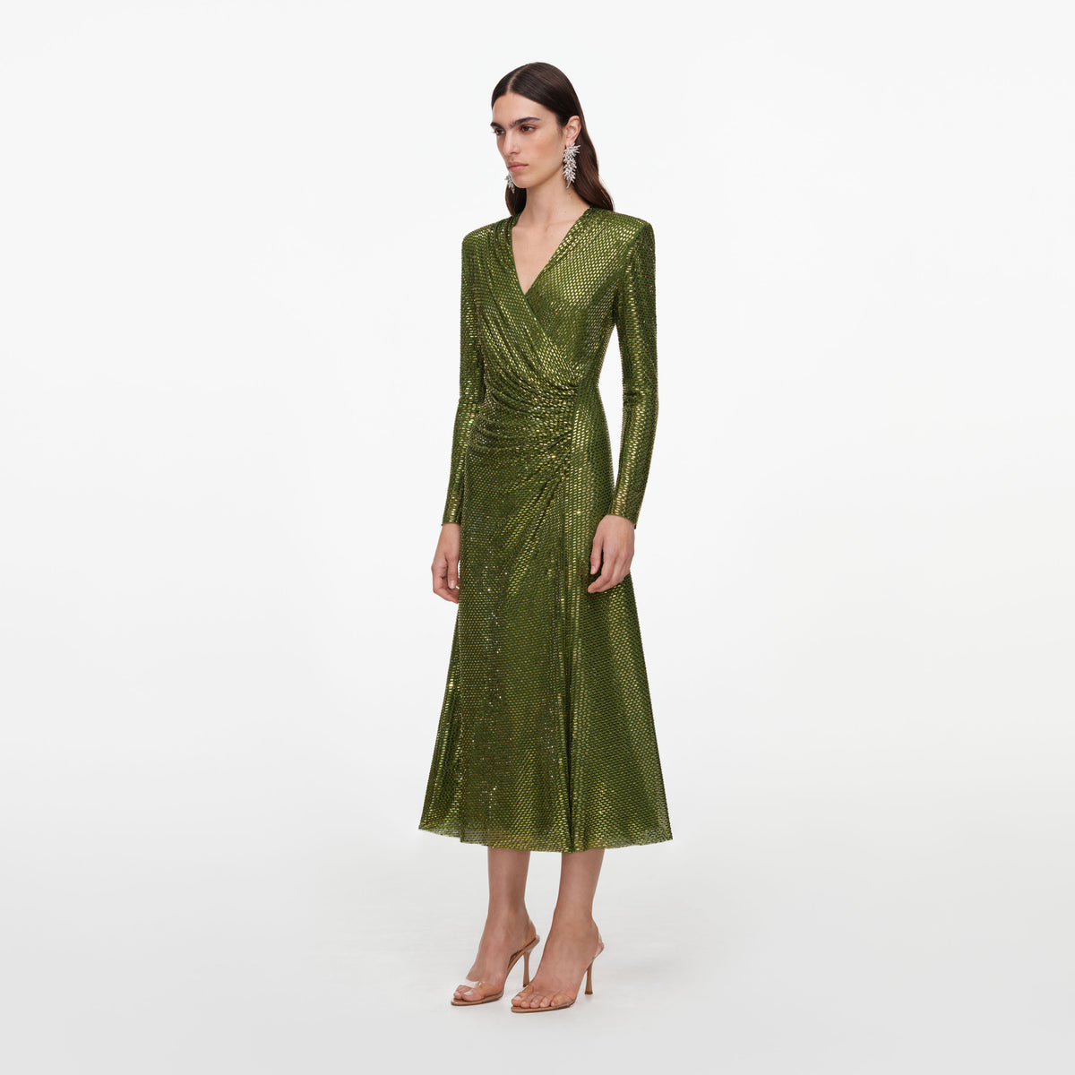 Olive rhinestone mesh wrap midi dress