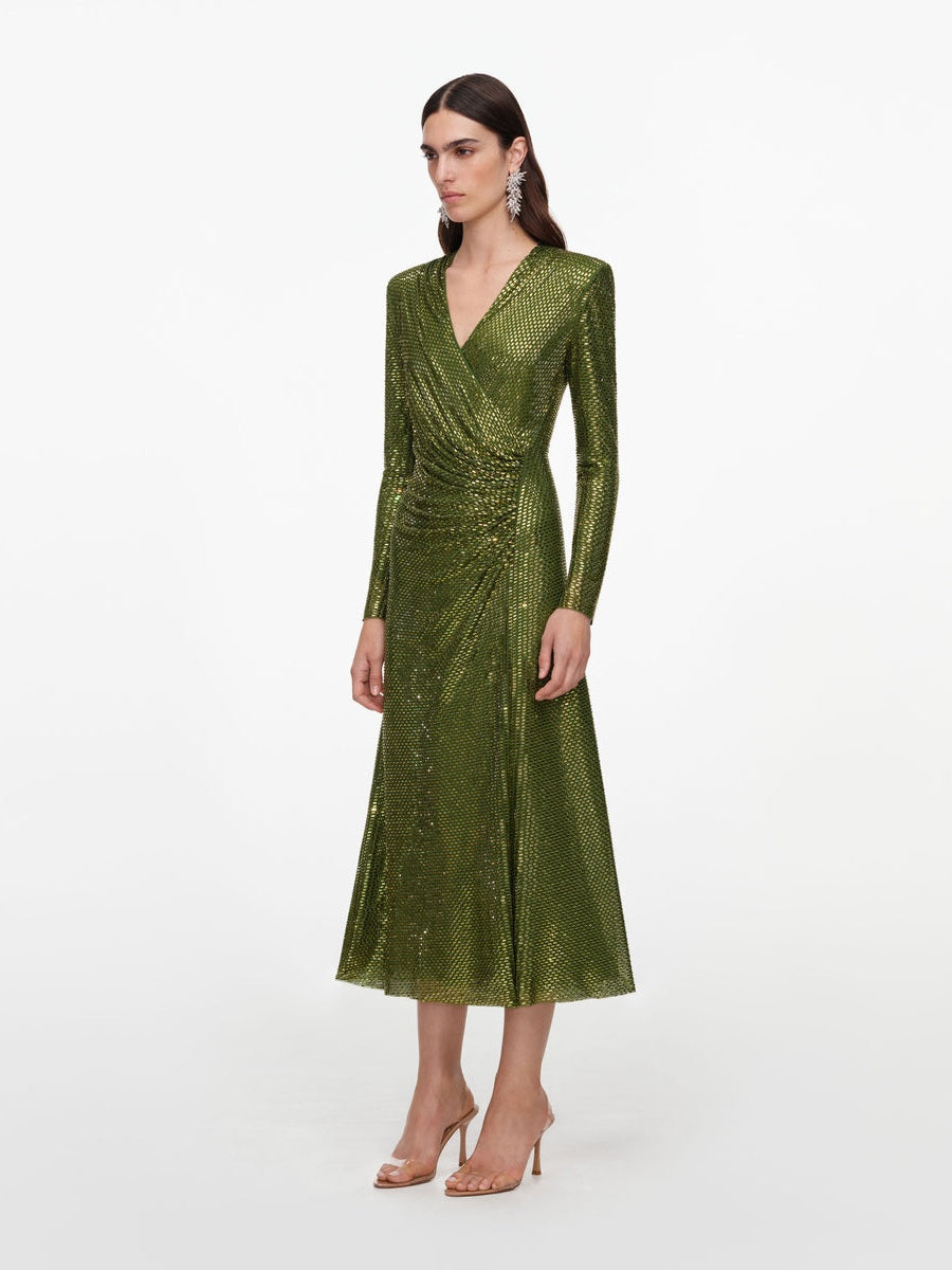 Olive rhinestone mesh wrap midi dress