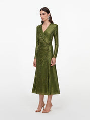 Olive rhinestone mesh wrap midi dress