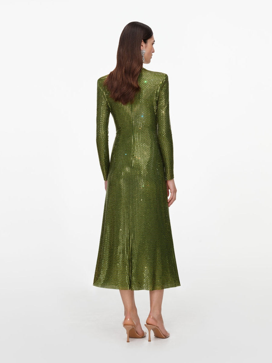 Olive rhinestone mesh wrap midi dress