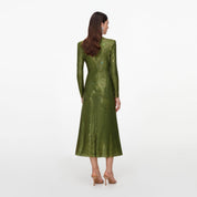 Olive rhinestone mesh wrap midi dress