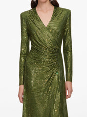 Olive rhinestone mesh wrap midi dress