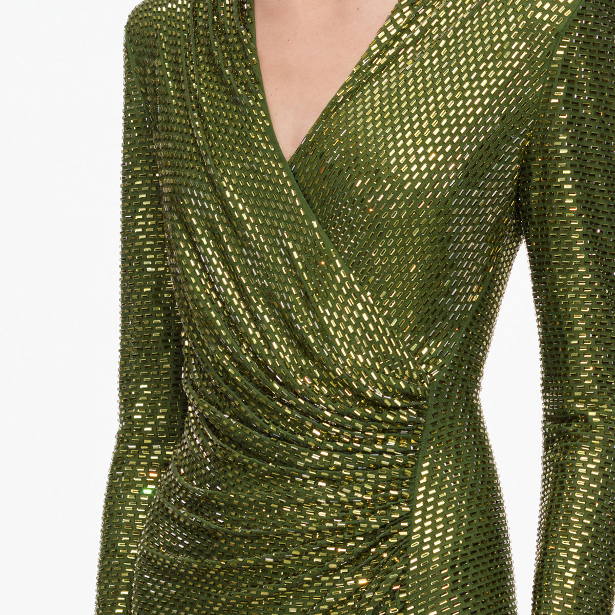 Olive rhinestone mesh wrap midi dress