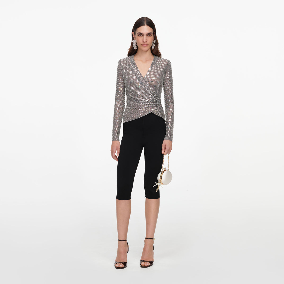 Grey rhinestone mesh wrap top