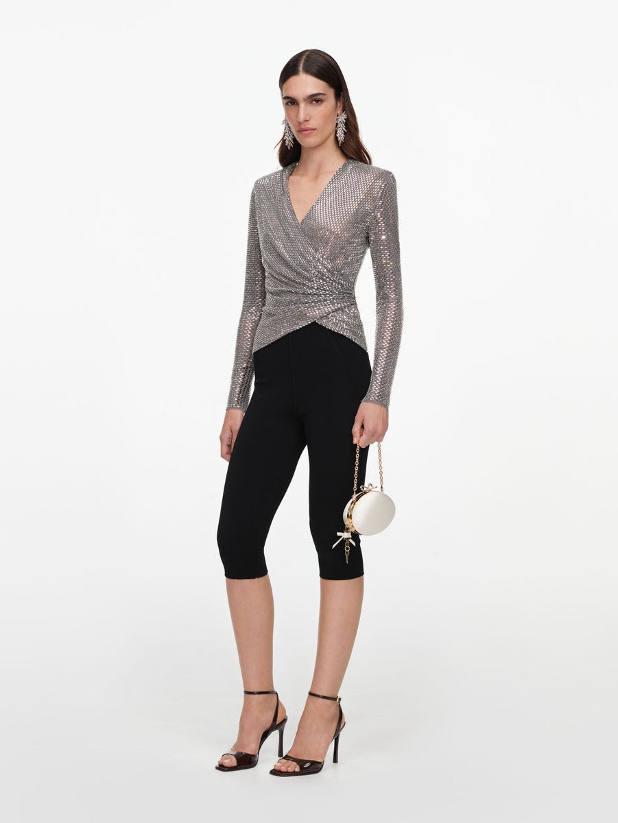 Grey rhinestone mesh wrap top
