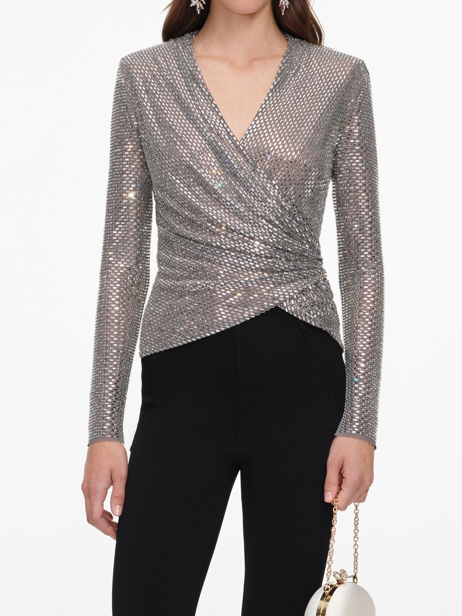 Grey rhinestone mesh wrap top