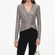 Grey rhinestone mesh wrap top
