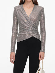 Grey rhinestone mesh wrap top