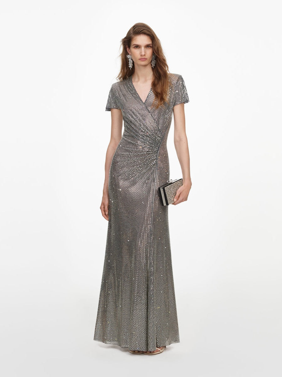Grey rhinestone mesh wrap maxi dress