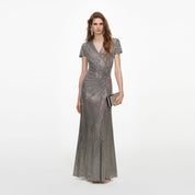 Grey rhinestone mesh wrap maxi dress