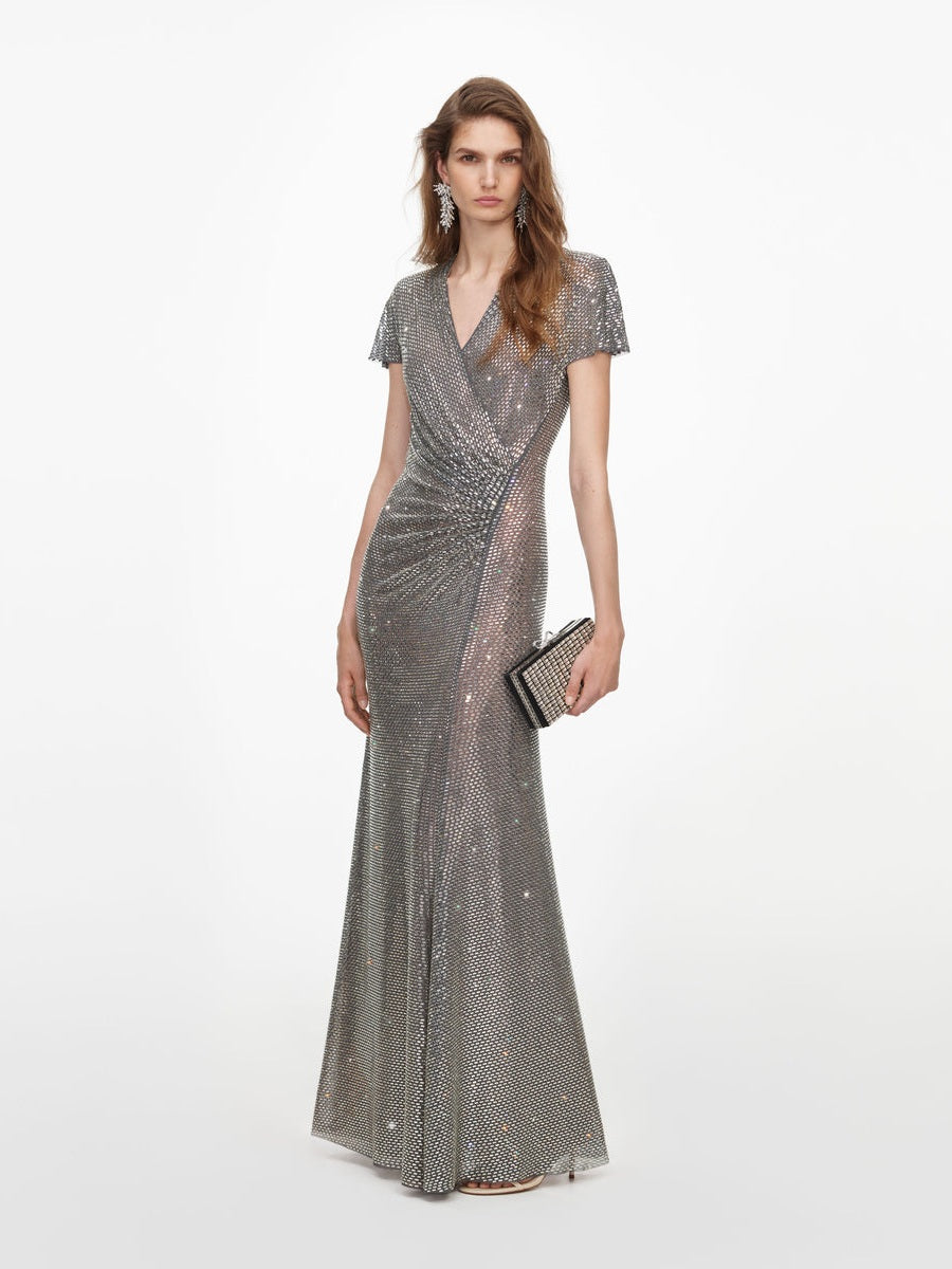 Grey rhinestone mesh wrap maxi dress